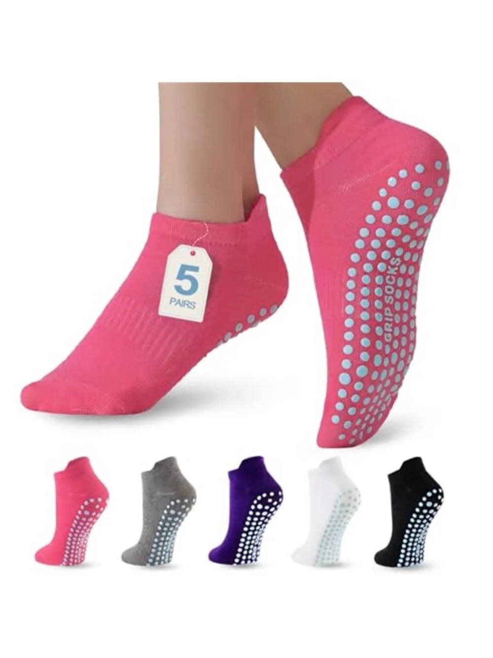 5 Pairs Women's Pilates Socks with Grips Non Slip Grip Yoga Crew Sock